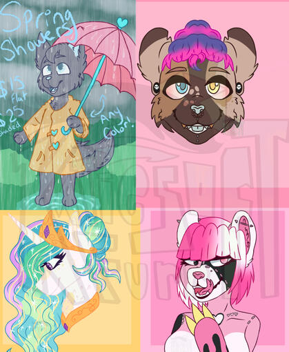 Flat color. Headshot $15, bust $20, halfbody $30, thigh shot $35, full body $50